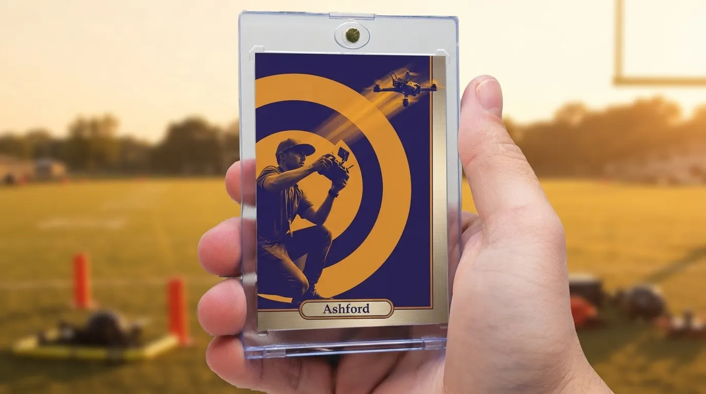 Hand holding magnetic case with duotone drone sports photography trading card, golden-hour athletic field background.