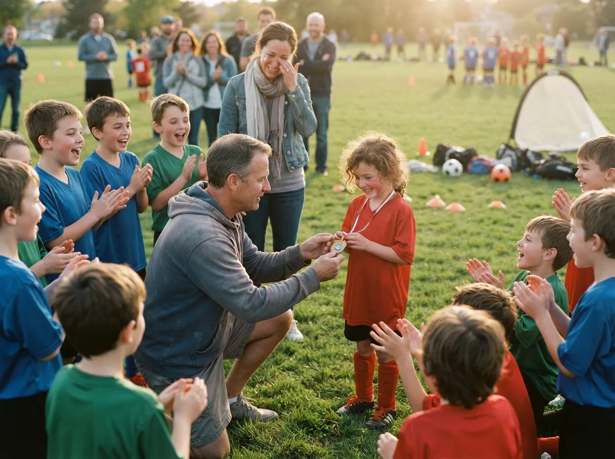 Coach and cheering teammates celebrate with young athlete on sunny sports field.