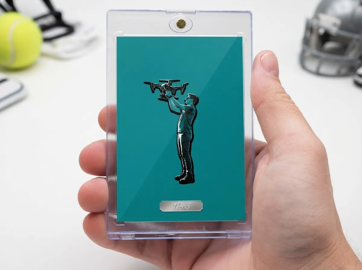 Custom drone sports photography trading card in magnetic case, teal editorial design, on white tabletop.
