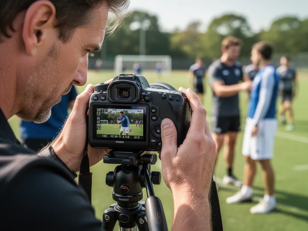 Photographer's hands adjusting DSLR camera with athletes and coach visible blurred in background outdoors