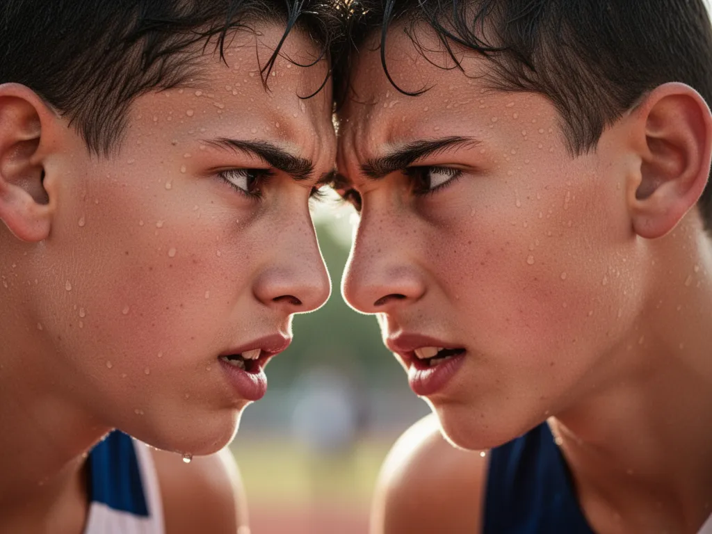 Young athlete's determined expression during intense outdoor sports competition moment
