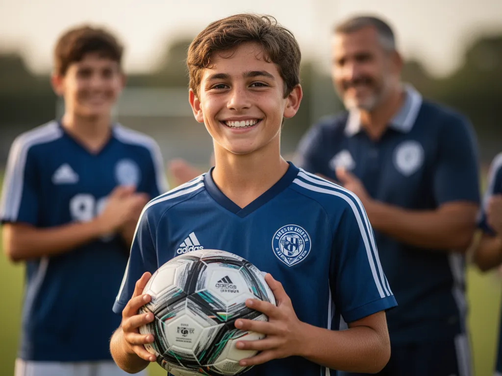 Young soccer player smiling confidently while holding ball, showcasing pride and achievement in sport