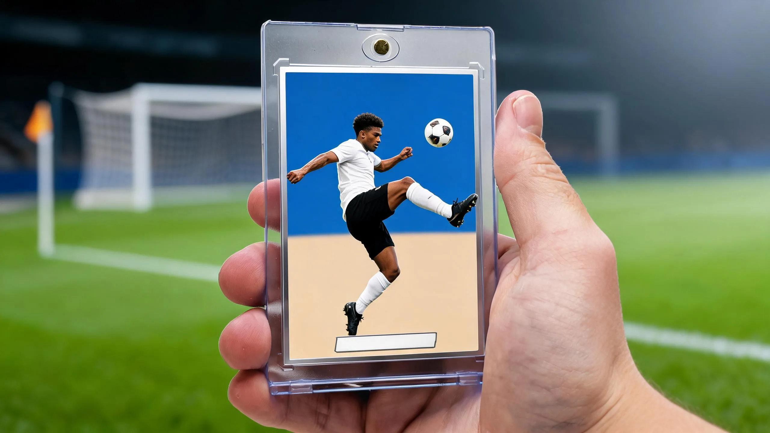 Hand holding ea fc 25 card creator design in a clear magnetic acrylic case, soccer pitch behind.