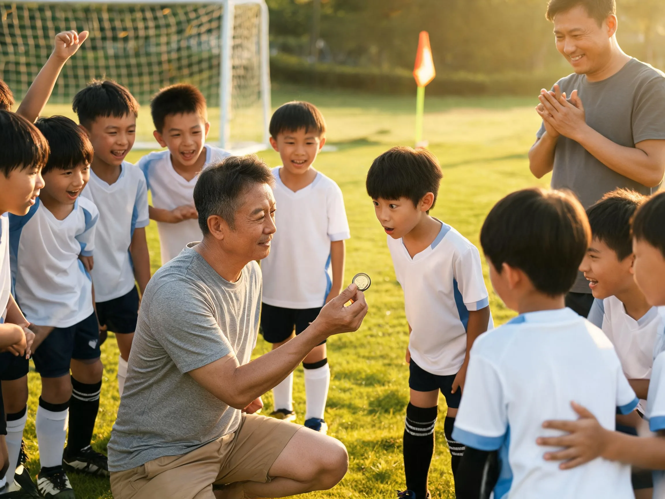Coach and young soccer player share an emotional moment on the field with teammates nearby.