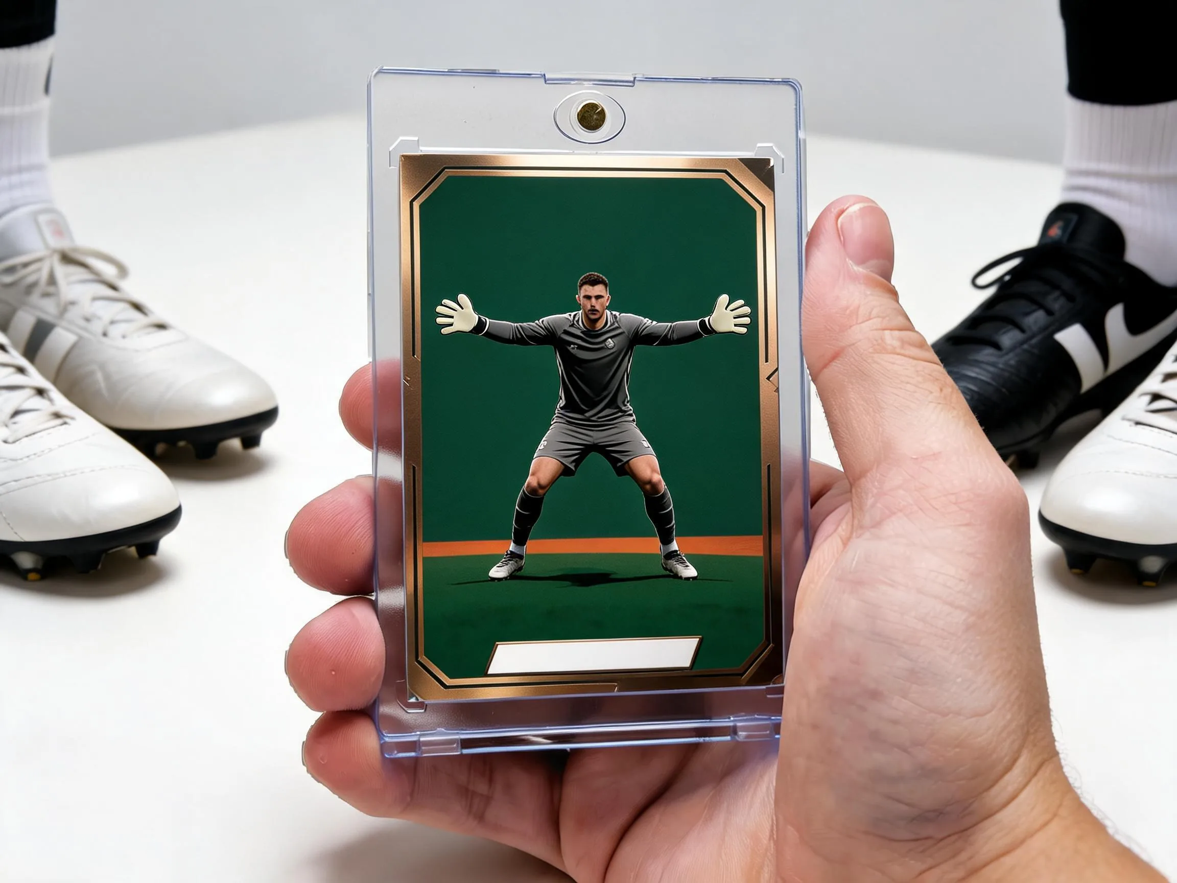 Custom soccer trading card of a goalkeeper displayed in a clear magnetic case on tabletop.