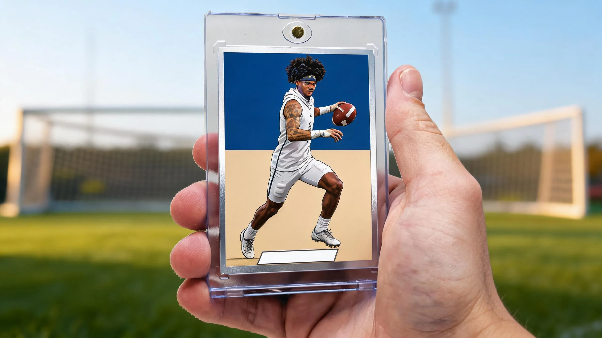 Hand holding ea fc card creator magnetic case with custom soccer rating card at golden hour.