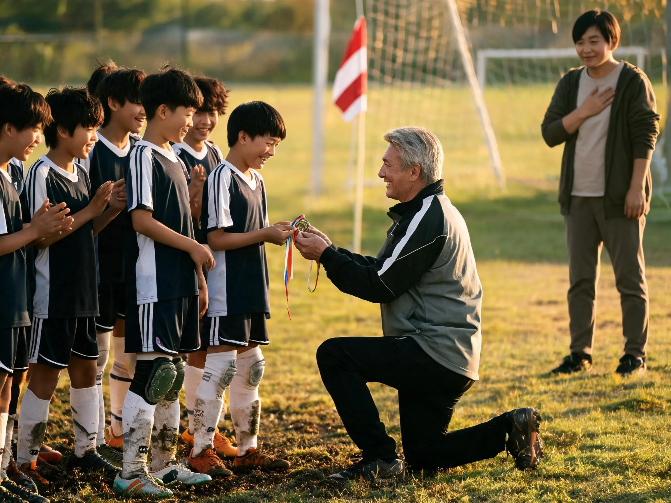 Coach and young soccer player share a proud, emotional celebration on the field.