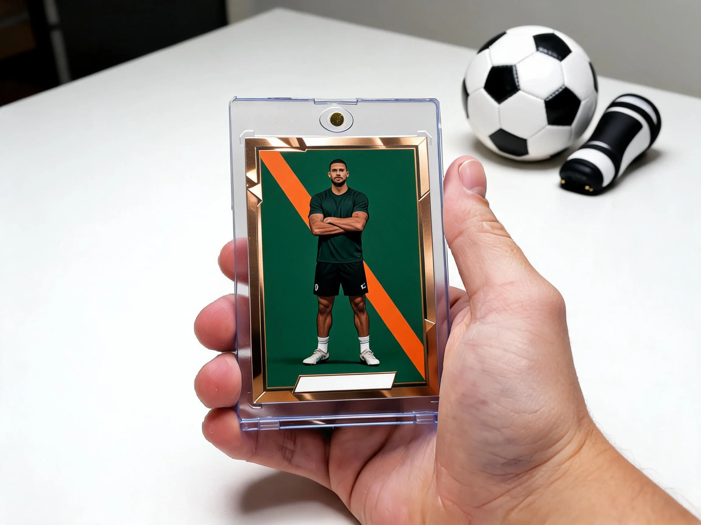 Custom soccer trading card in magnetic case on white tabletop with shin guard.
