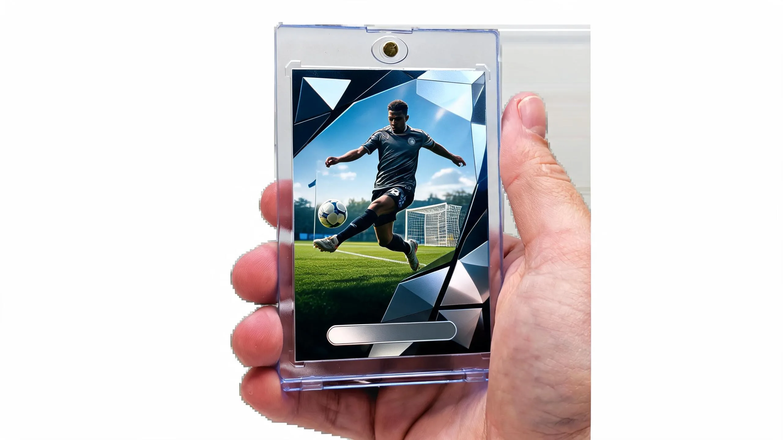Hand holding an ea fc mobile card creator magnetic case with a dark chrome soccer player card.