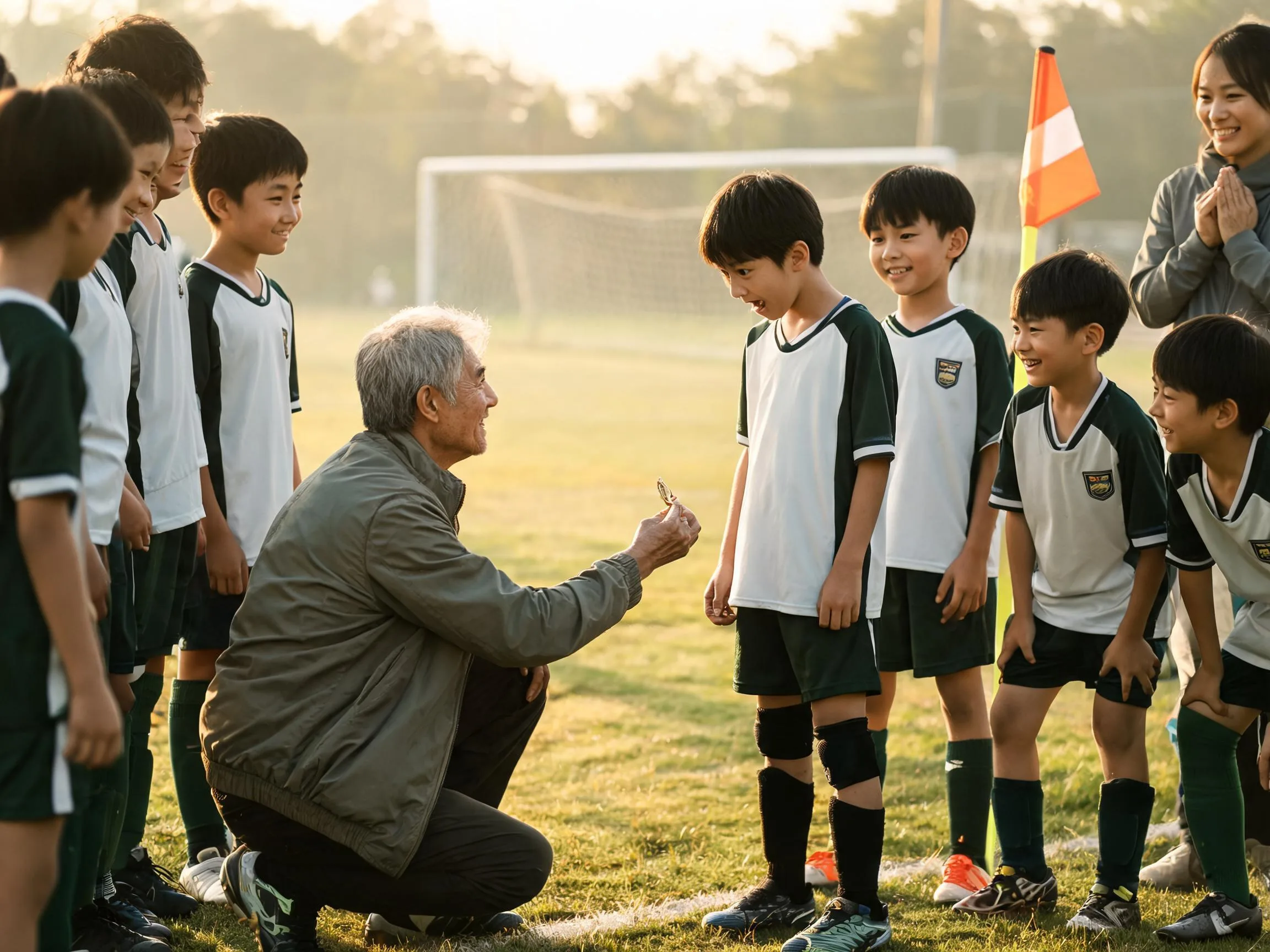 Coach and young soccer player share a proud moment on a sunlit pitch with teammates.