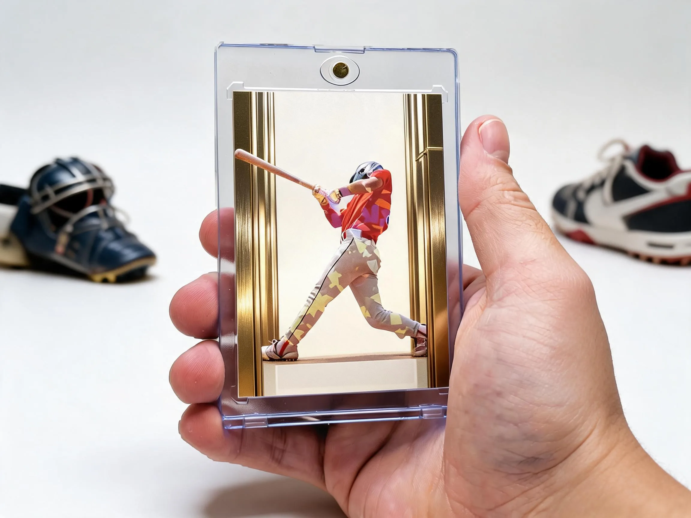 Custom soccer trading card in a magnetic case with brushed-gold rating card design.