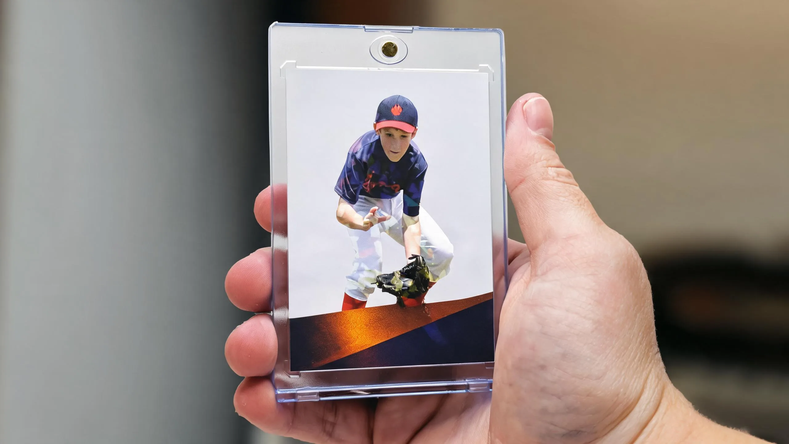 Hand holding magnetic case with custom card, showcasing easy fundraisers for sports teams keepsakes.