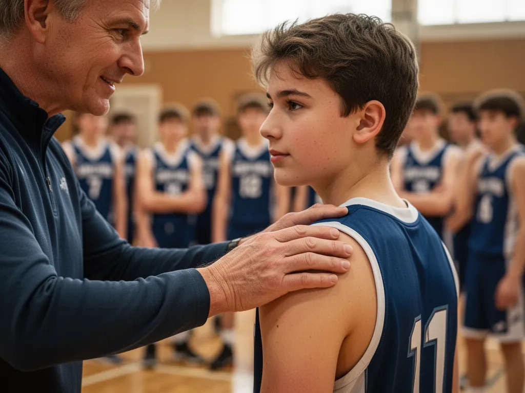 Coach placing hand on athlete's shoulder in moment of encouragement and support