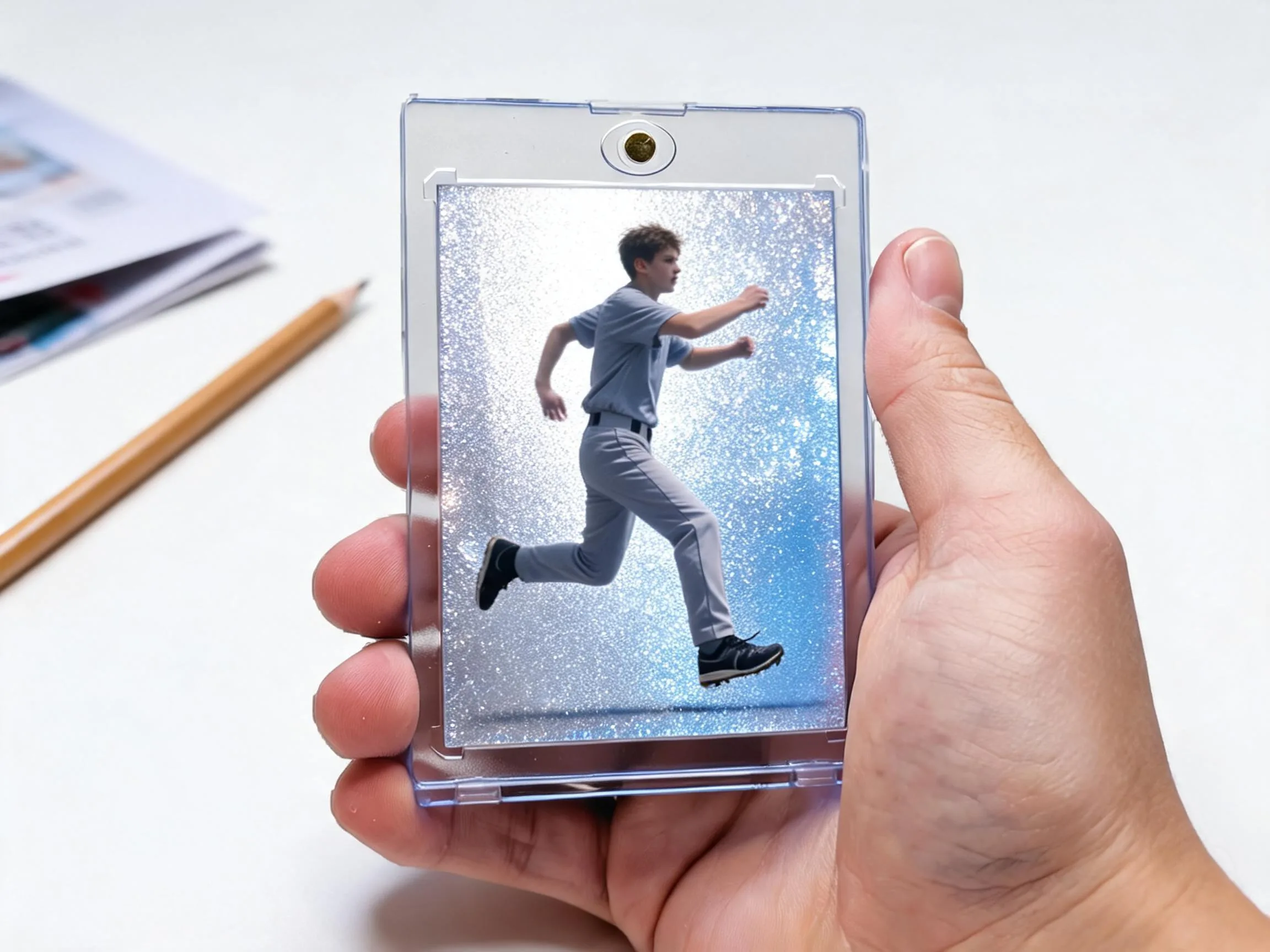 Custom keepsake trading card in a magnetic case, held up as a fundraiser sample.