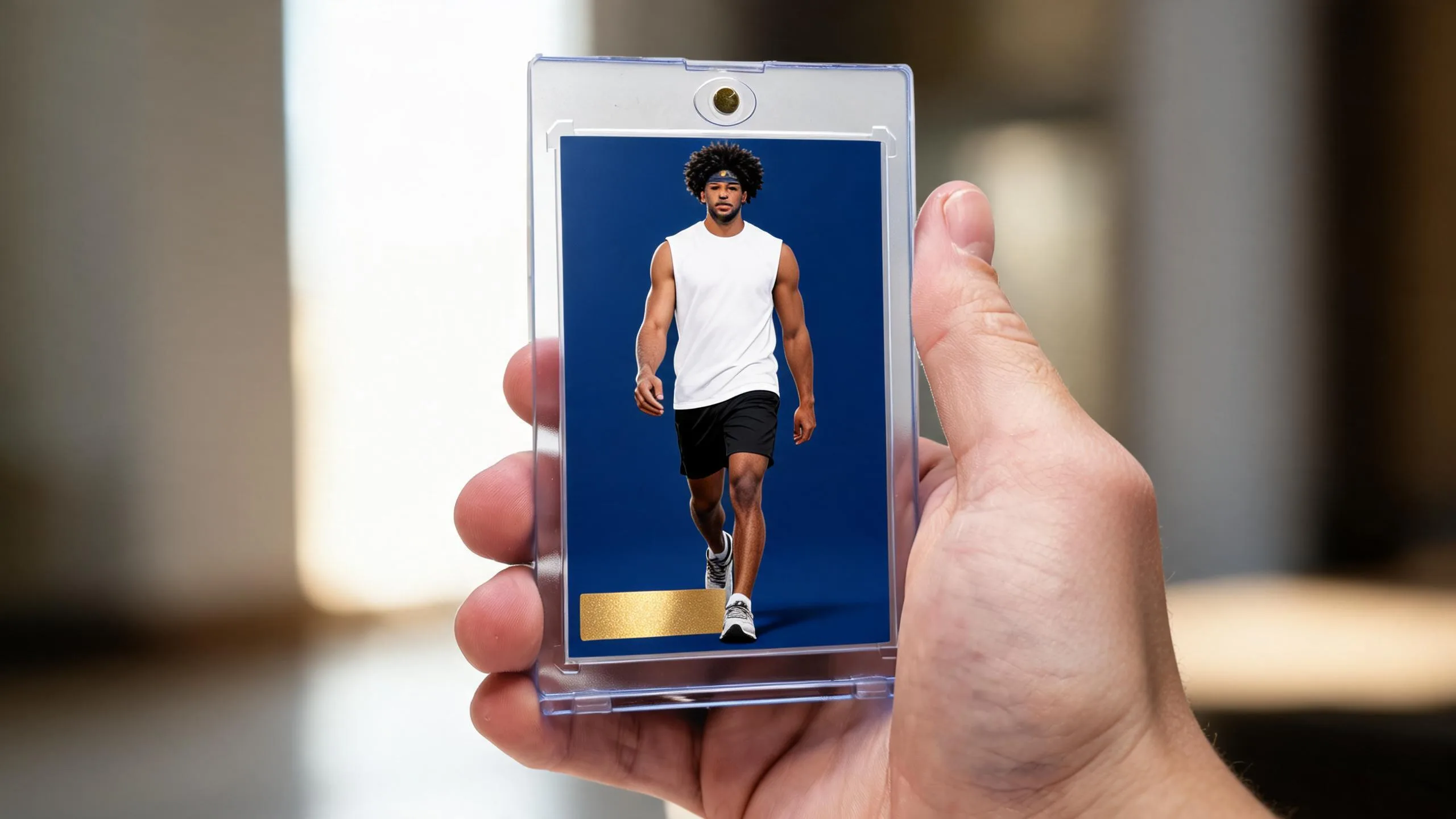 Hand holds magnetic case with athlete card, illustrating easy fundraising ideas for sports teams.