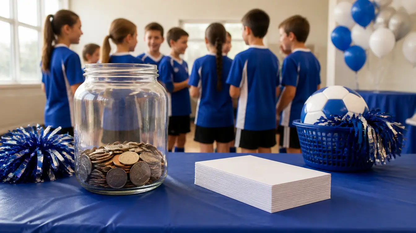 A youth sports fundraiser table with a donation jar and a stack of blank cards