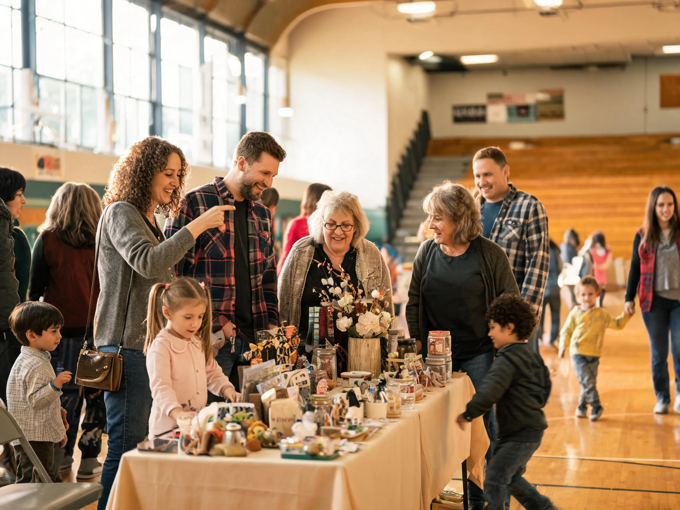 Parents and kids gather warmly at a school gym fundraiser table event.