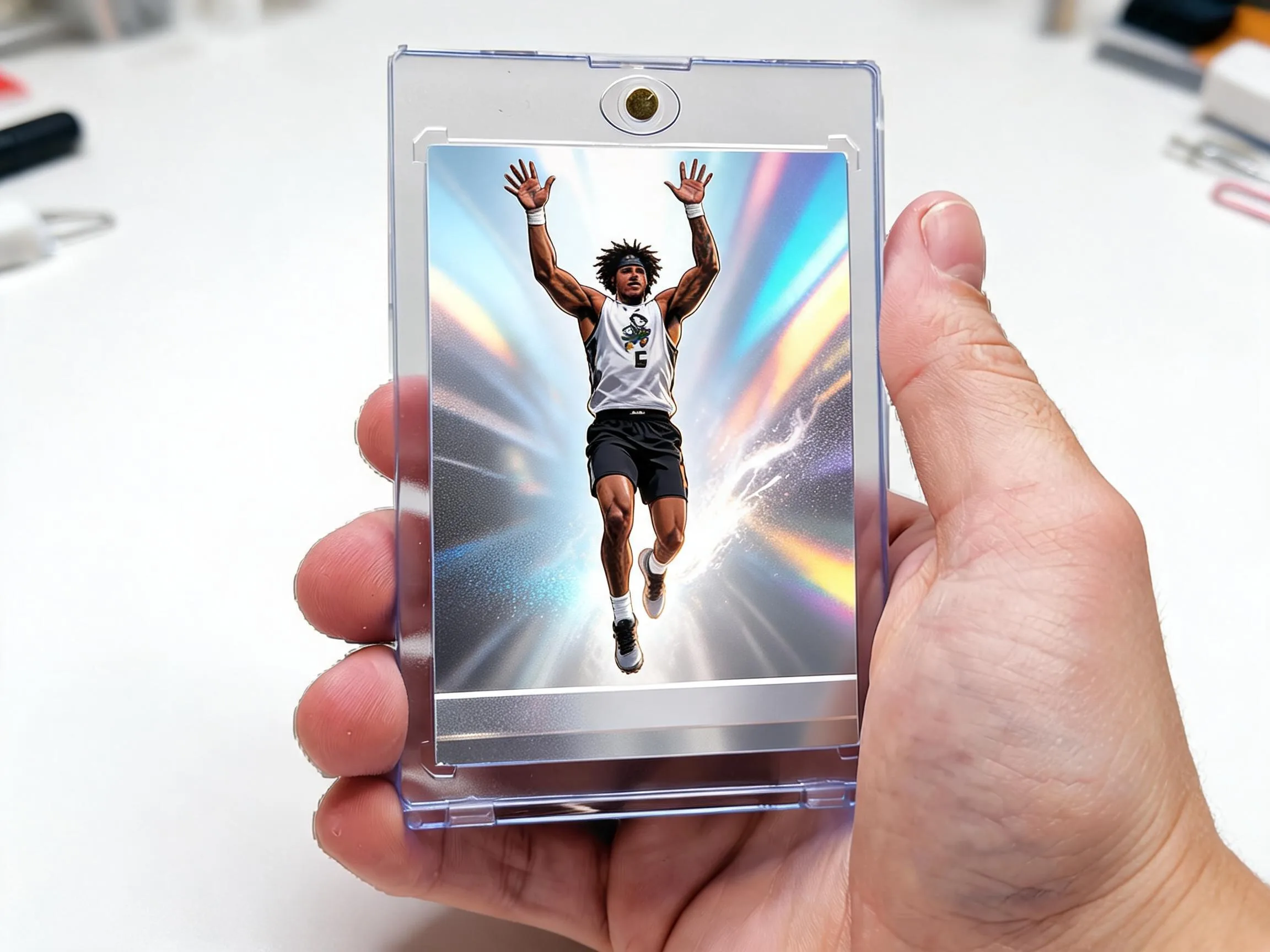 Custom keepsake trading card of an athlete displayed in a clear magnetic case.