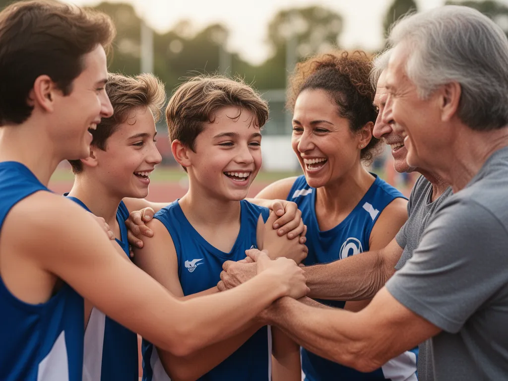 Athletes and parents sharing an emotional celebration moment together showing genuine joy and team accomplishment