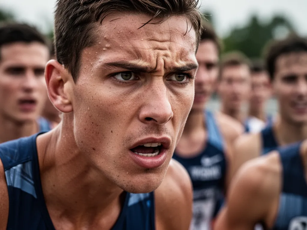 Close-up of athlete's concentrated face showing determination during competitive sports moment with teammates blurred behind