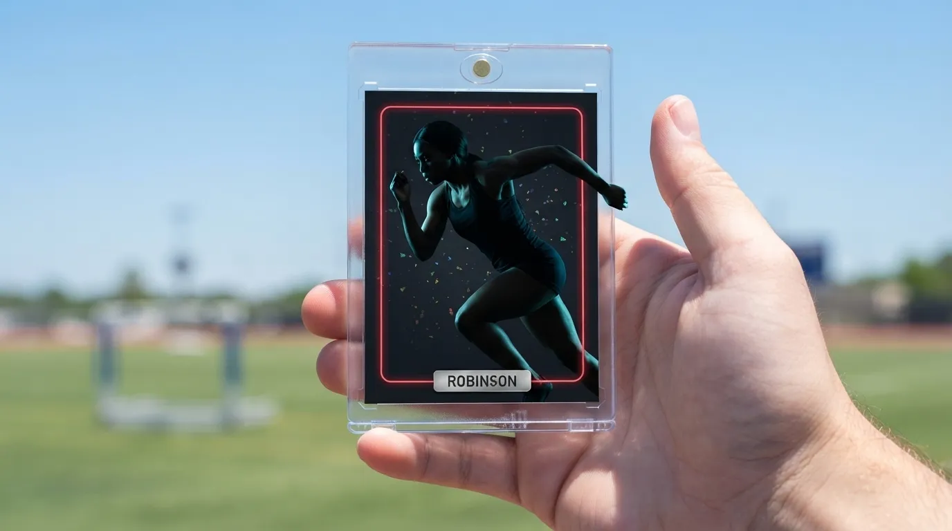 Hand holding magnetic case with dramatic emotion cards sprinter card, rim-lit against sunny blue sky.