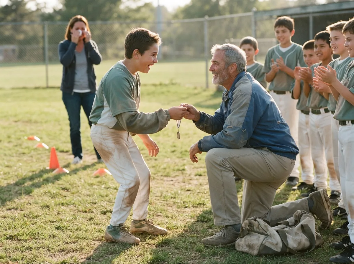 Coach and young athlete share proud emotional moment on sunny field with teammates.