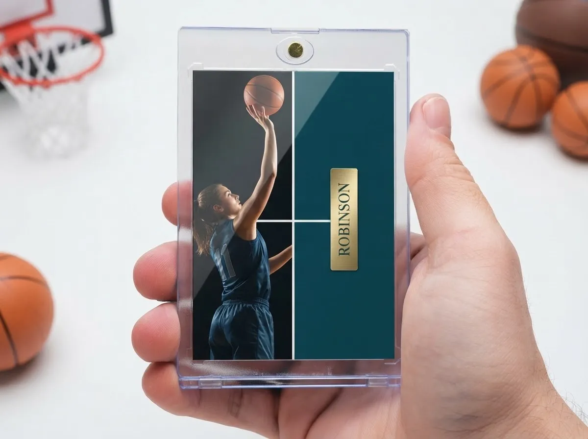 Custom sports trading card in magnetic case showing split-panel basketball design with gold nameplate.