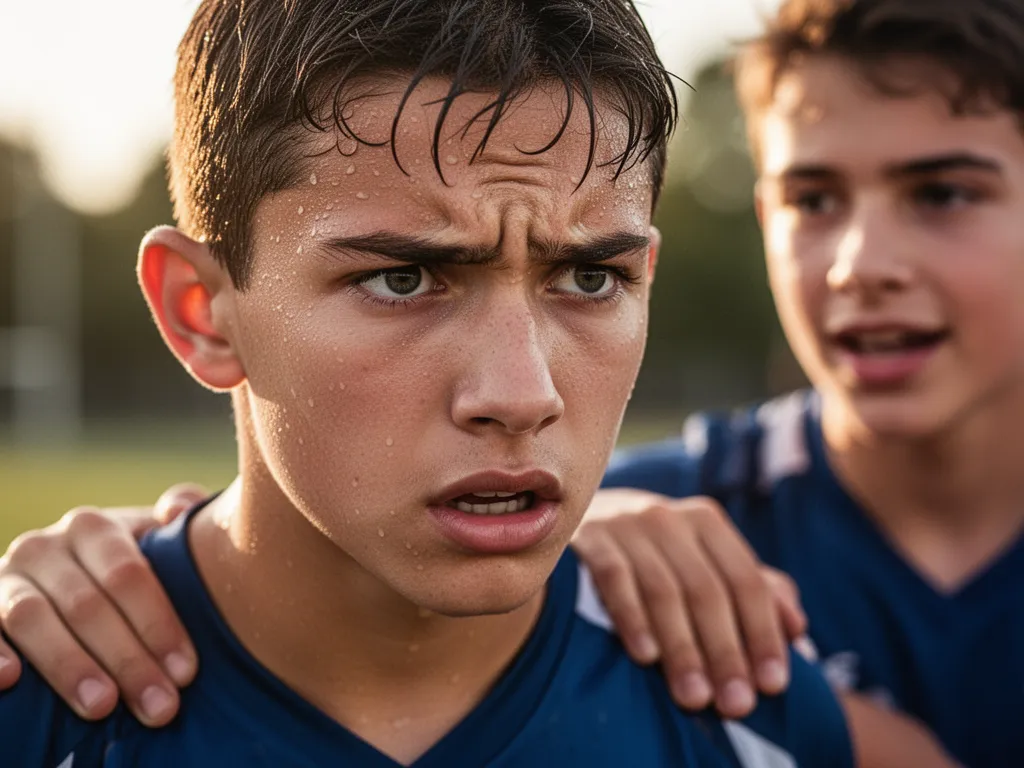 Young athlete's focused face with teammate's supportive hand on shoulder during training