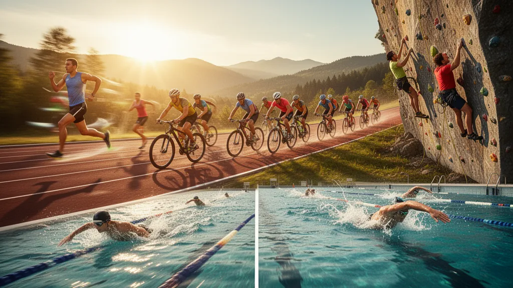 Multiple athletes competing in different sports outdoors under golden sunlight with motion and energy