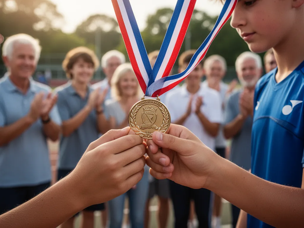 Young athlete's hands holding a shining medal with proud family members celebrating in background