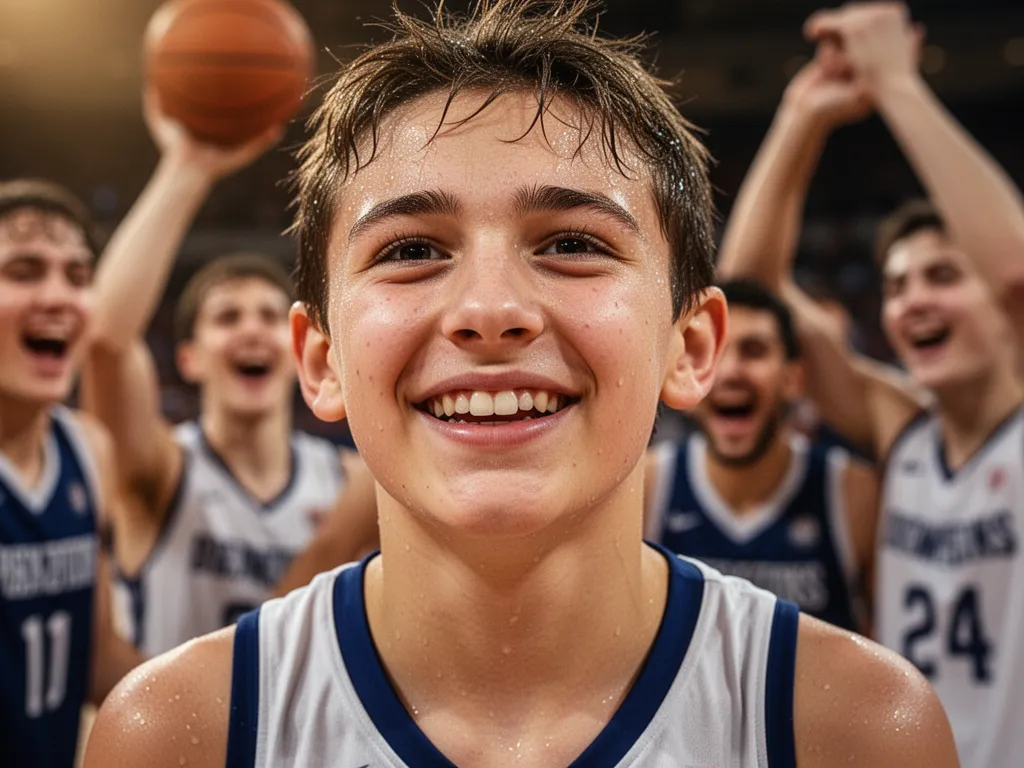 Young athlete's proud expression after scoring with celebrating teammates visible in soft-focus background