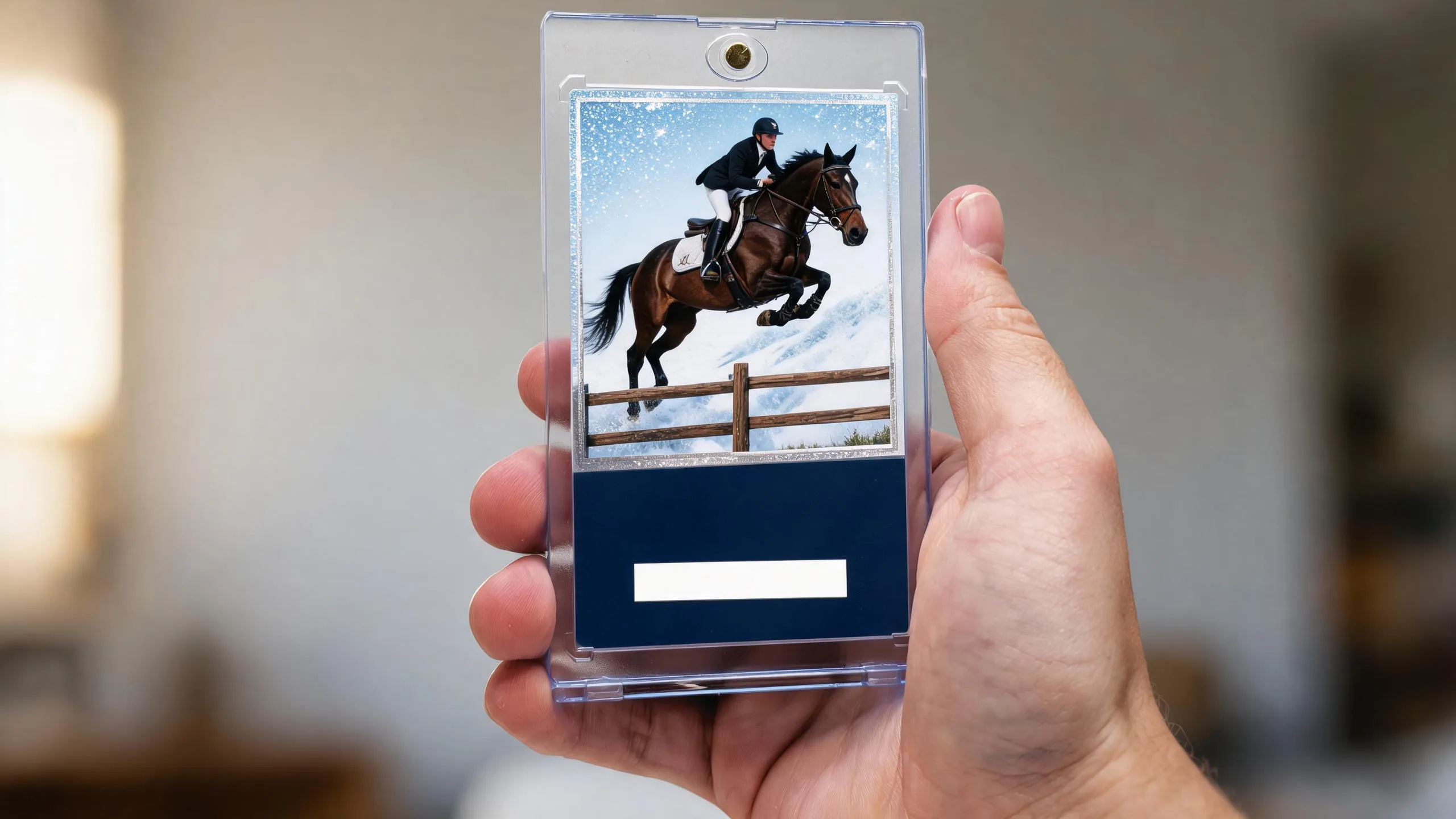 Hand holding a magnetic case with an equestrian gifts show-jumping trading card in golden light.