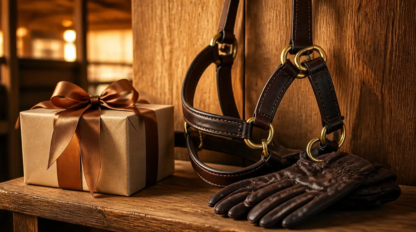 A wrapped gift box beside a leather horse halter and riding gloves on a stable shelf