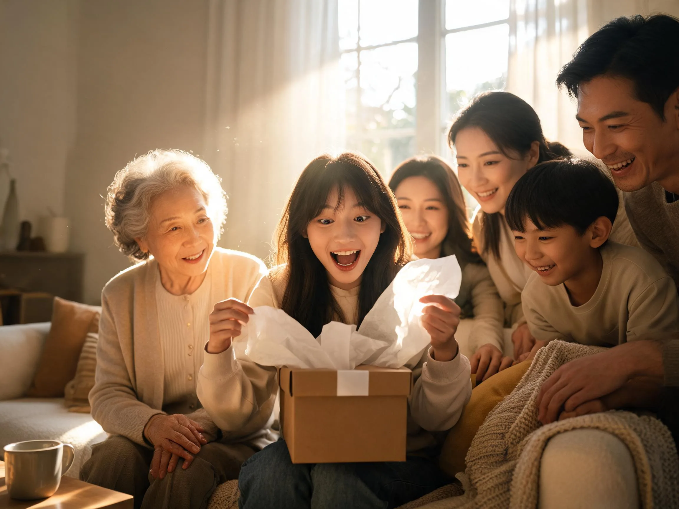 Family sharing a warm, surprised reaction as a granddaughter opens a heartfelt gift.