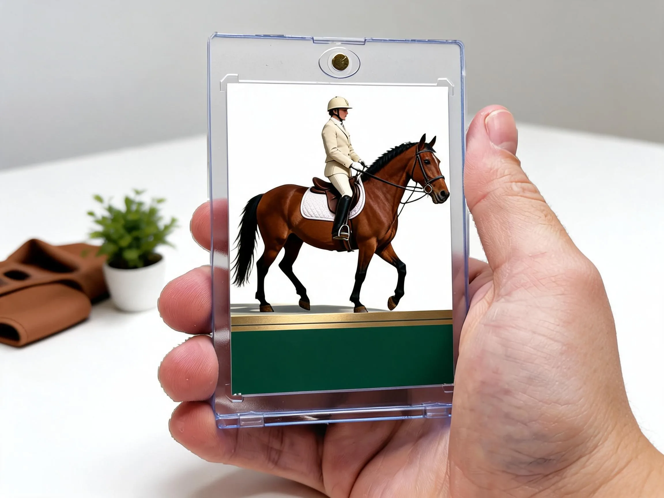 Custom keepsake trading card of a dressage horse in a magnetic display case.
