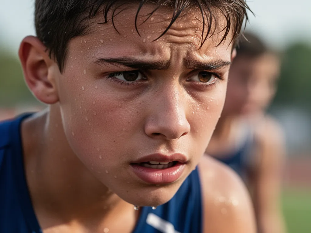 [Close-up of determined athlete's face showing focus and emotional intensity during competition]