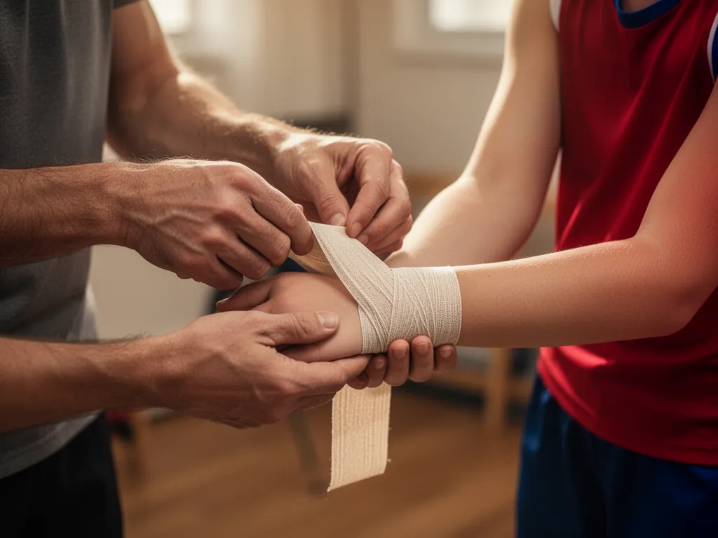 Parent carefully taping athlete's wrist in tender moment before competition begins