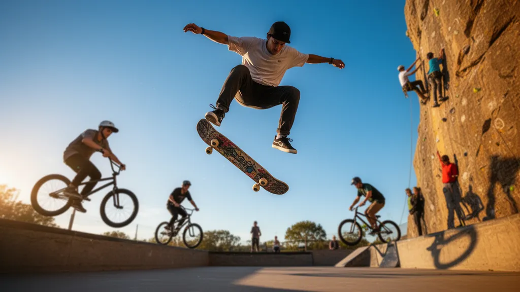 Skateboarder airborne performing trick with extreme athletes in motion background
