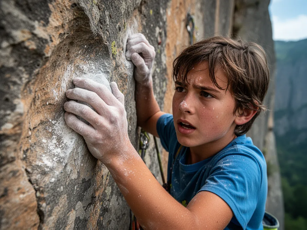 Rock climber's hands gripping stone with determined facial expression during climb