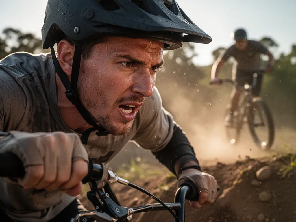 BMX rider's face showing intense concentration and effort during dirt jump with dust and backlighting creating dramatic atmosphere.