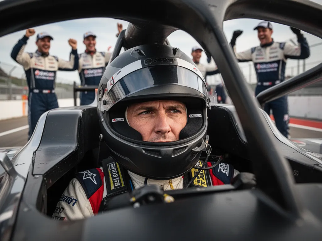[Race car driver showing intense focus and determination during competitive racing moment]