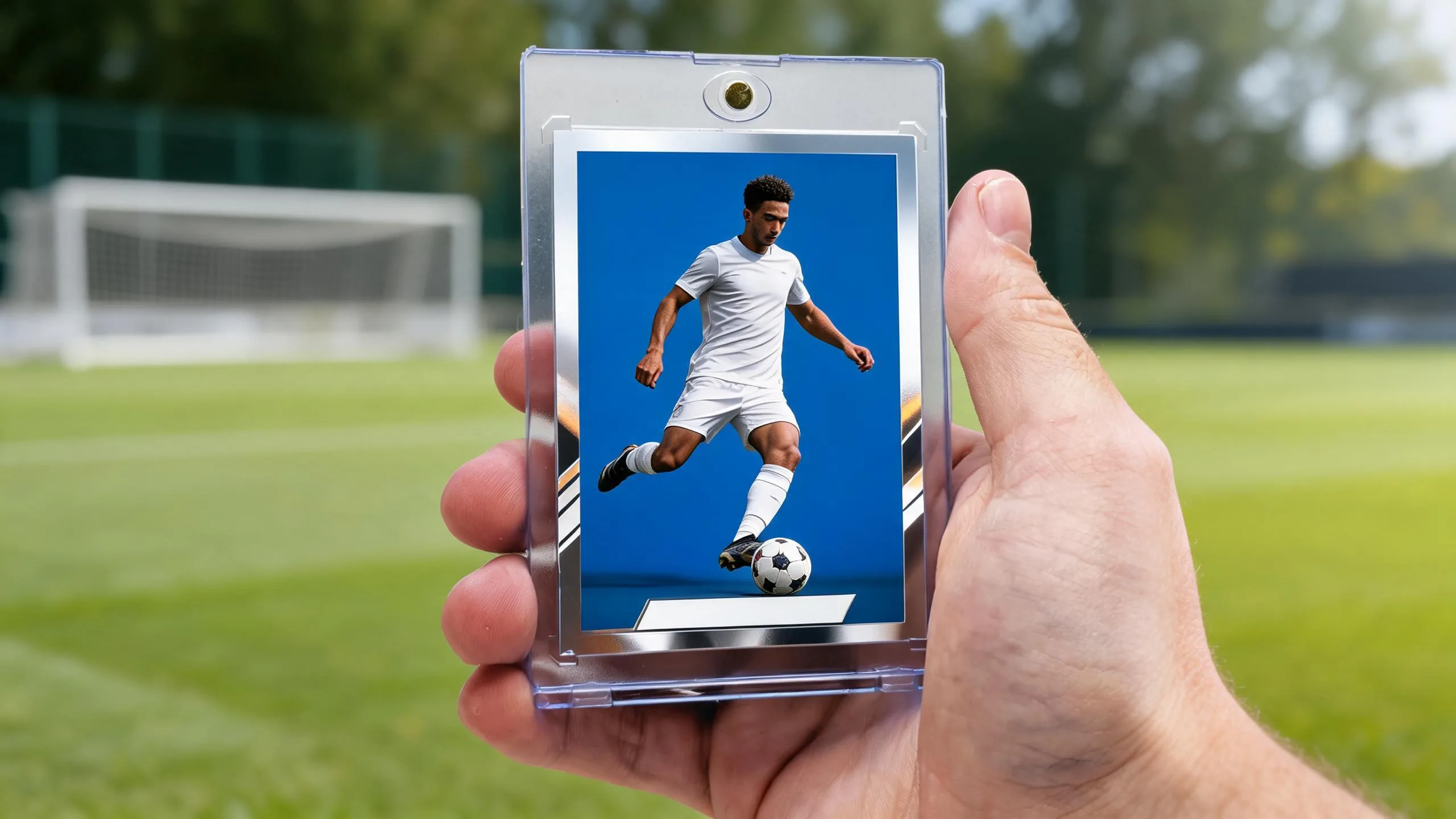 Hand holds magnetic case with fake fifa card showing metallic-framed soccer player portrait, blank nameplate.