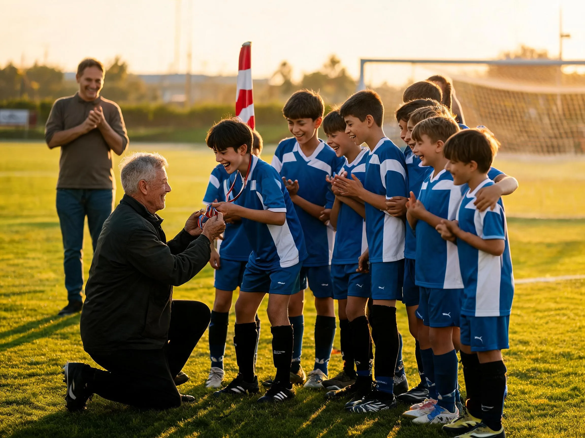 Coach and young soccer player share a joyful moment on a sunlit pitch with teammates.