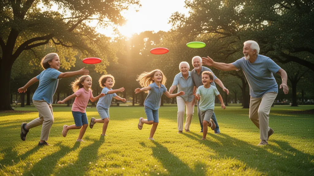 Multi-generational family playing frisbee outdoors in sunny park with golden hour lighting and green grass