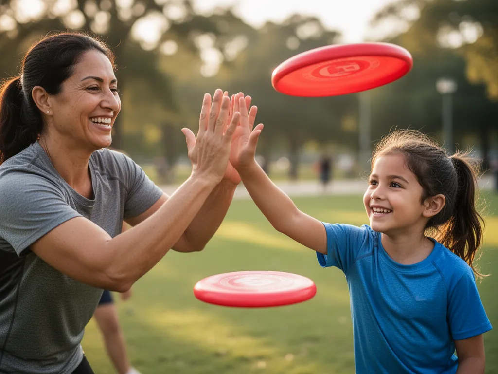 Parent and child high-fiving with genuine smiles after frisbee catch in park setting