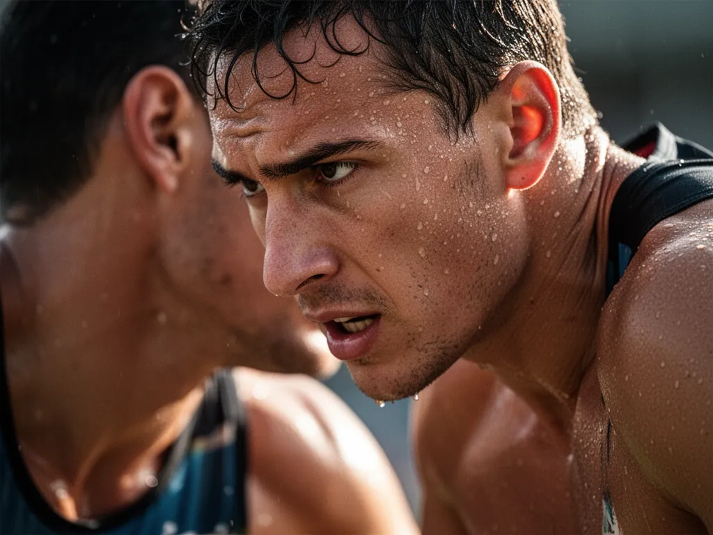 Close-up of athlete's concentrated face and body showing intensity, sweat, and determination during competition moment