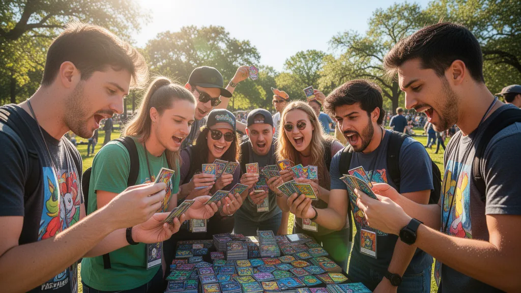 Group of enthusiastic card collectors examining fan-made Pokémon cards outdoors in natural sunlight