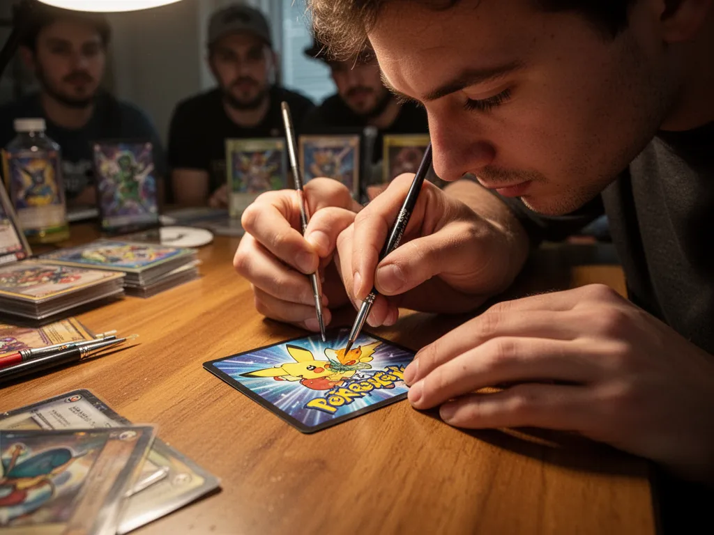 Artist's hands painting detailed artwork on a fan-made Pokémon card with focused precision
