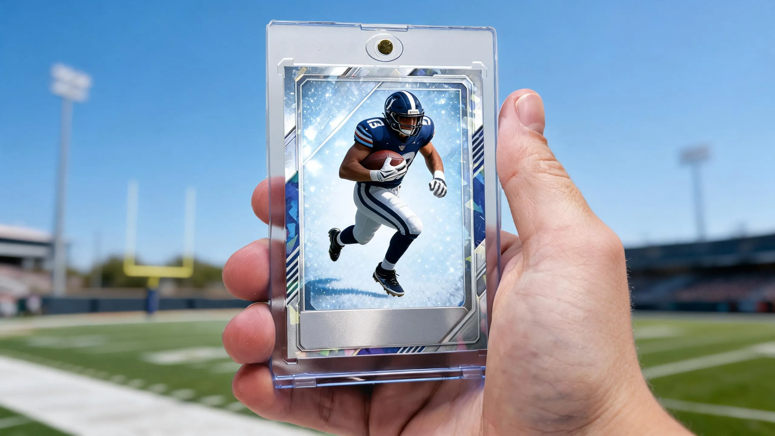 Hand holds magnetic case with icy-blue fantasy football draft board trading card, stadium background.