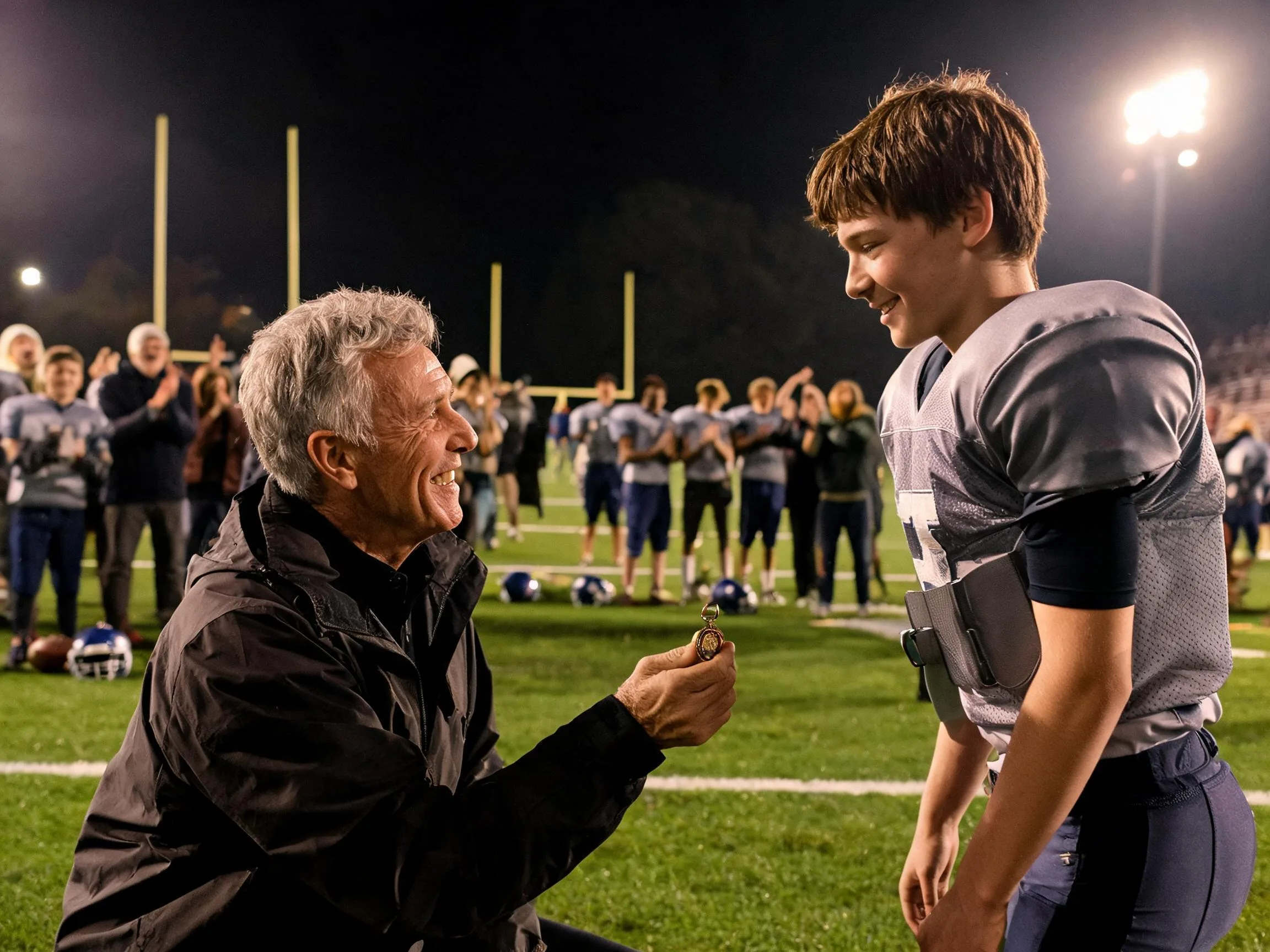Coach and young football player share proud smile under Friday night stadium lights.
